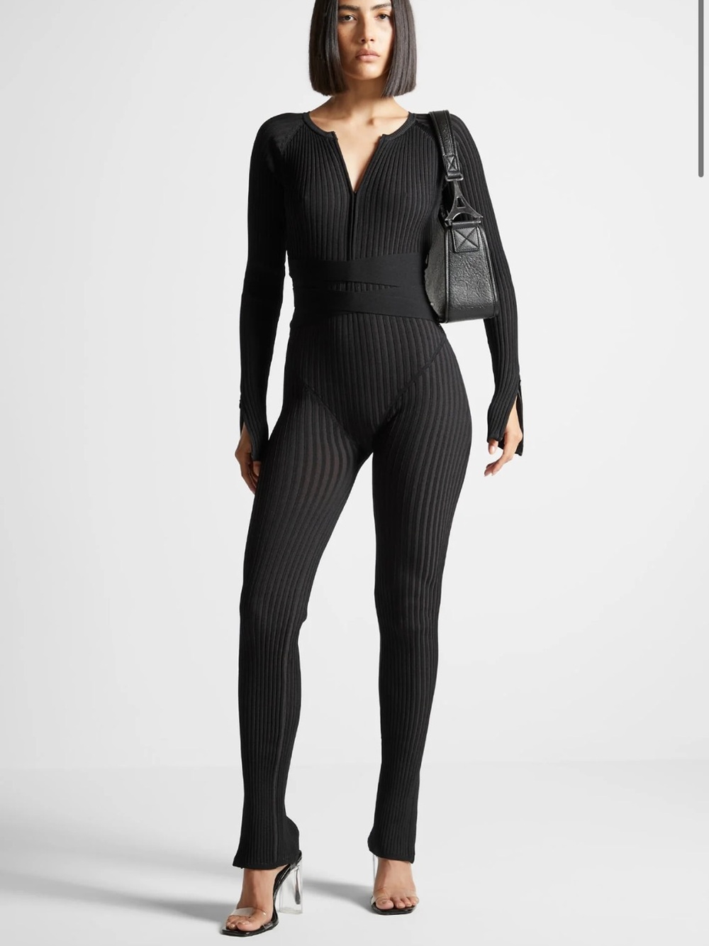 Maniere De Voir Black Ribbed Long-Sleeve Skinny Jumpsuit